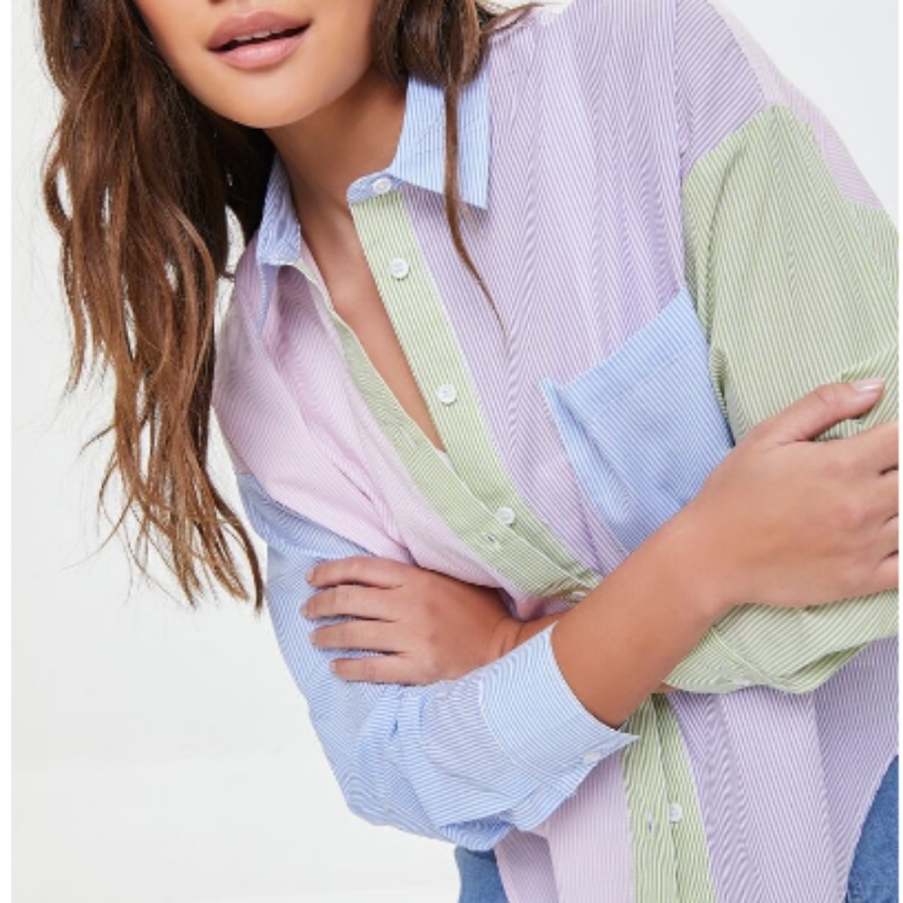 Pastel striped color block button up women's medium